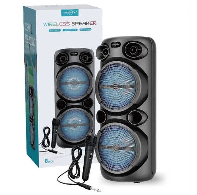 اسپیکر بلوتوثی دو سابووفر ۸ اینچ مدل Wireless Speaker | همراه با میکروفون و رقص نور